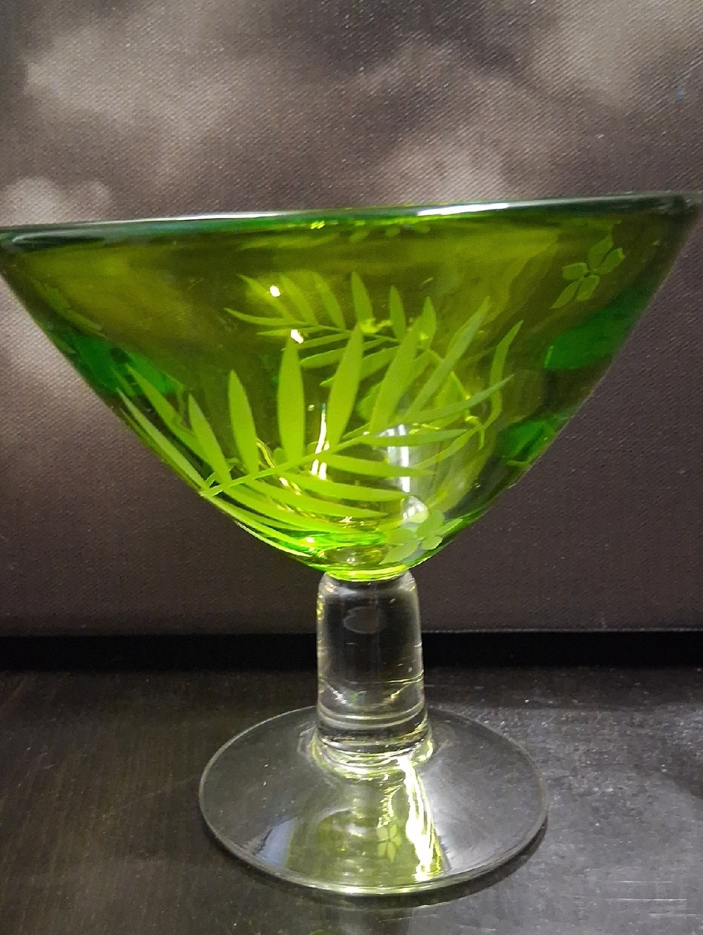 Green Etched Glass Dessert Coupe - Brand Unknown SET OF 4